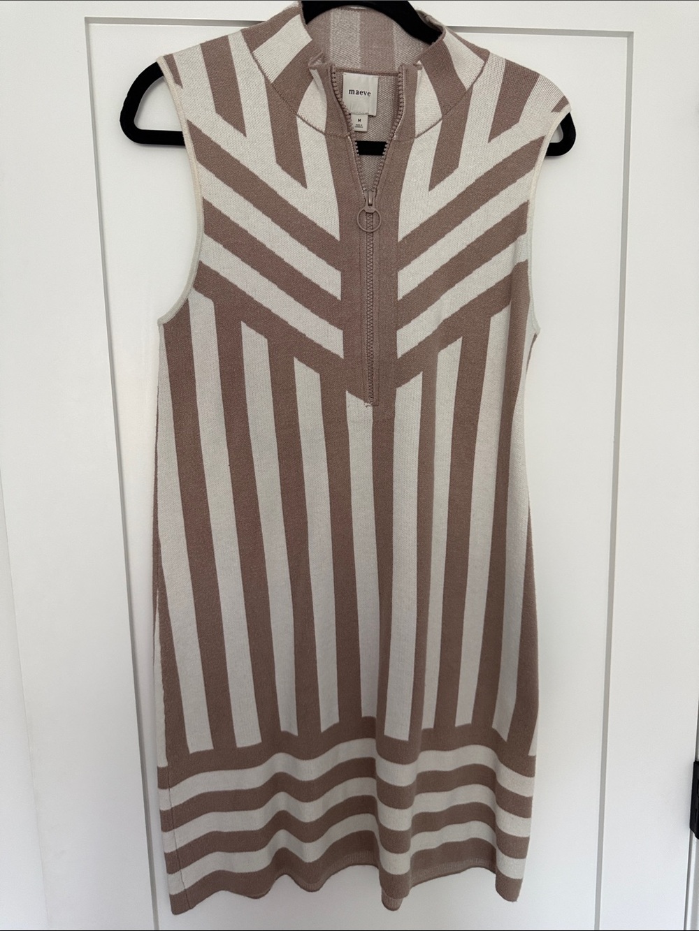 Maeve Striped Sleeveless Zip-Front Knit Mini Dress in Beige and Cream